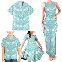 Light Turquoise Mermaid Puakenikeni Maile Lei Family Matching Tank Maxi Dress and Hawaiian Shirt