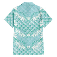 Light Turquoise Mermaid Puakenikeni Maile Lei Family Matching Tank Maxi Dress and Hawaiian Shirt