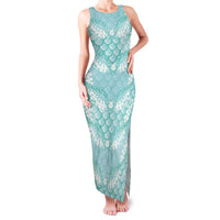 Light Turquoise Mermaid Puakenikeni Maile Lei Family Matching Tank Maxi Dress and Hawaiian Shirt