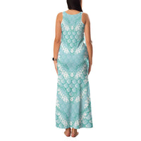 Light Turquoise Mermaid Puakenikeni Maile Lei Family Matching Tank Maxi Dress and Hawaiian Shirt
