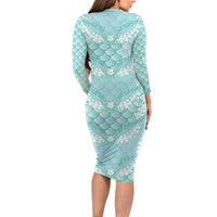Light Turquoise Mermaid Puakenikeni Maile Lei Long Sleeve Bodycon Dress