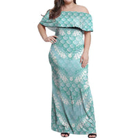 Light Turquoise Mermaid Puakenikeni Maile Lei Off Shoulder Maxi Dress
