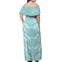 Light Turquoise Mermaid Puakenikeni Maile Lei Off Shoulder Maxi Dress