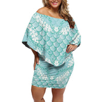 Light Turquoise Mermaid Puakenikeni Maile Lei Off Shoulder Short Dress