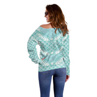 Light Turquoise Mermaid Puakenikeni Maile Lei Off Shoulder Sweater