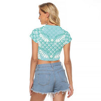 Light Turquoise Mermaid Puakenikeni Maile Lei Raglan Cropped T Shirt