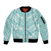 Light Turquoise Mermaid Puakenikeni Maile Lei Sleeve Zip Bomber Jacket