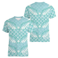 Light Turquoise Mermaid Puakenikeni Maile Lei Women V-Neck T-Shirt