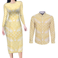 Pastel Yellow Mermaid Puakenikeni Maile Lei Couples Matching Long Sleeve Bodycon Dress and Long Sleeve Button Shirt