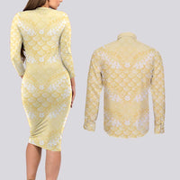 Pastel Yellow Mermaid Puakenikeni Maile Lei Couples Matching Long Sleeve Bodycon Dress and Long Sleeve Button Shirt