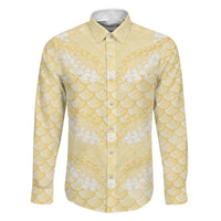 Pastel Yellow Mermaid Puakenikeni Maile Lei Family Matching Off The Shoulder Long Sleeve Dress and Hawaiian Shirt LT01 Dad's Shirt - Long Sleeve Yellow - Polynesian Pride