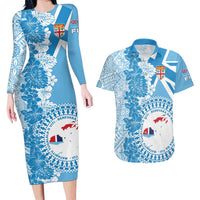 Personalised Fiji Day Couples Matching Long Sleeve Bodycon Dress and Hawaiian Shirt Fijian Map Hibiscus Tapa Pattern LT01