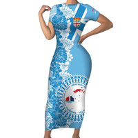 Personalised Fiji Day Family Matching Short Sleeve Bodycon Dress and Hawaiian Shirt Fijian Map Hibiscus Tapa Pattern LT01 Mom's Dress Blue - Polynesian Pride