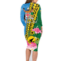 Personalised Malampa Fiji Day Family Matching Long Sleeve Bodycon Dress and Hawaiian Shirt Tropical Tapa Pattern