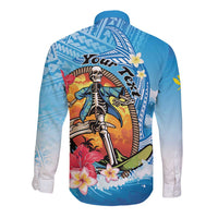 Personalized Aloha Hawaii Skeleton Surfing Long Sleeve Button Shirt Tribal Shark Plumeria