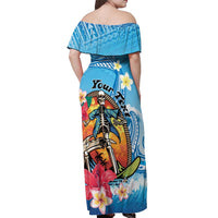 Personalized Aloha Hawaii Skeleton Surfing Off Shoulder Maxi Dress Tribal Shark Plumeria