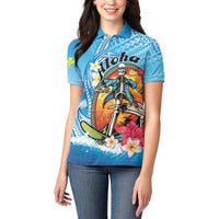 Personalized Aloha Hawaii Skeleton Surfing Women Polo Shirt Tribal Shark Plumeria