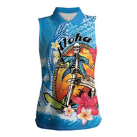 Personalized Aloha Hawaii Skeleton Surfing Women Sleeveless Polo Shirt Tribal Shark Plumeria