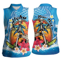 Personalized Aloha Hawaii Skeleton Surfing Women Sleeveless Polo Shirt Tribal Shark Plumeria