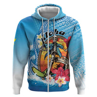 Personalized Aloha Hawaii Skeleton Surfing Zip Hoodie Tribal Shark Plumeria LT01 Zip Hoodie Blue - Polynesian Pride
