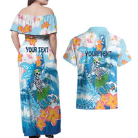 Personalized Hawaii Hula Girl Skeleton Dancing Couples Matching Off Shoulder Maxi Dress and Hawaiian Shirt Hibiscus Tribal Shark