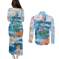 Personalized Hawaii Hula Girl Skeleton Dancing Couples Matching Puletasi and Long Sleeve Button Shirt Hibiscus Tribal Shark