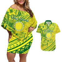Kia Orana Cook Islands Couples Matching Off Shoulder Short Dress and Hawaiian Shirt Turtle Yellow Green Polynesian Pattern LT01 Green - Polynesian Pride