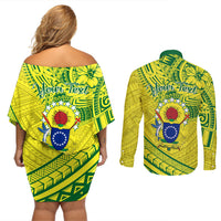 Kia Orana Cook Islands Couples Matching Off Shoulder Short Dress and Long Sleeve Button Shirt Turtle Yellow Green Polynesian Pattern LT01 - Polynesian Pride