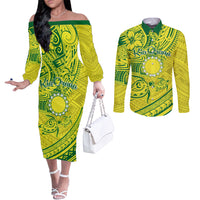 Kia Orana Cook Islands Couples Matching Off The Shoulder Long Sleeve Dress and Long Sleeve Button Shirt Turtle Yellow Green Polynesian Pattern LT01 Green - Polynesian Pride
