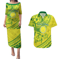 Kia Orana Cook Islands Couples Matching Puletasi Dress and Hawaiian Shirt Turtle Yellow Green Polynesian Pattern LT01 Green - Polynesian Pride