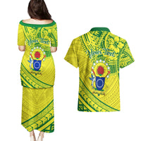 Kia Orana Cook Islands Couples Matching Puletasi Dress and Hawaiian Shirt Turtle Yellow Green Polynesian Pattern LT01 - Polynesian Pride