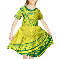 Kia Orana Cook Islands Kid Short Sleeve Dress Turtle Yellow Green Polynesian Pattern LT01 - Polynesian Pride
