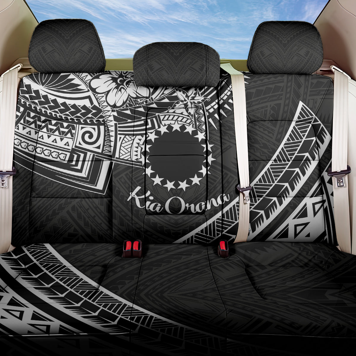 Kia Orana Cook Islands Back Car Seat Cover Circle Stars With Floral White Pattern LT01 One Size Black - Polynesian Pride