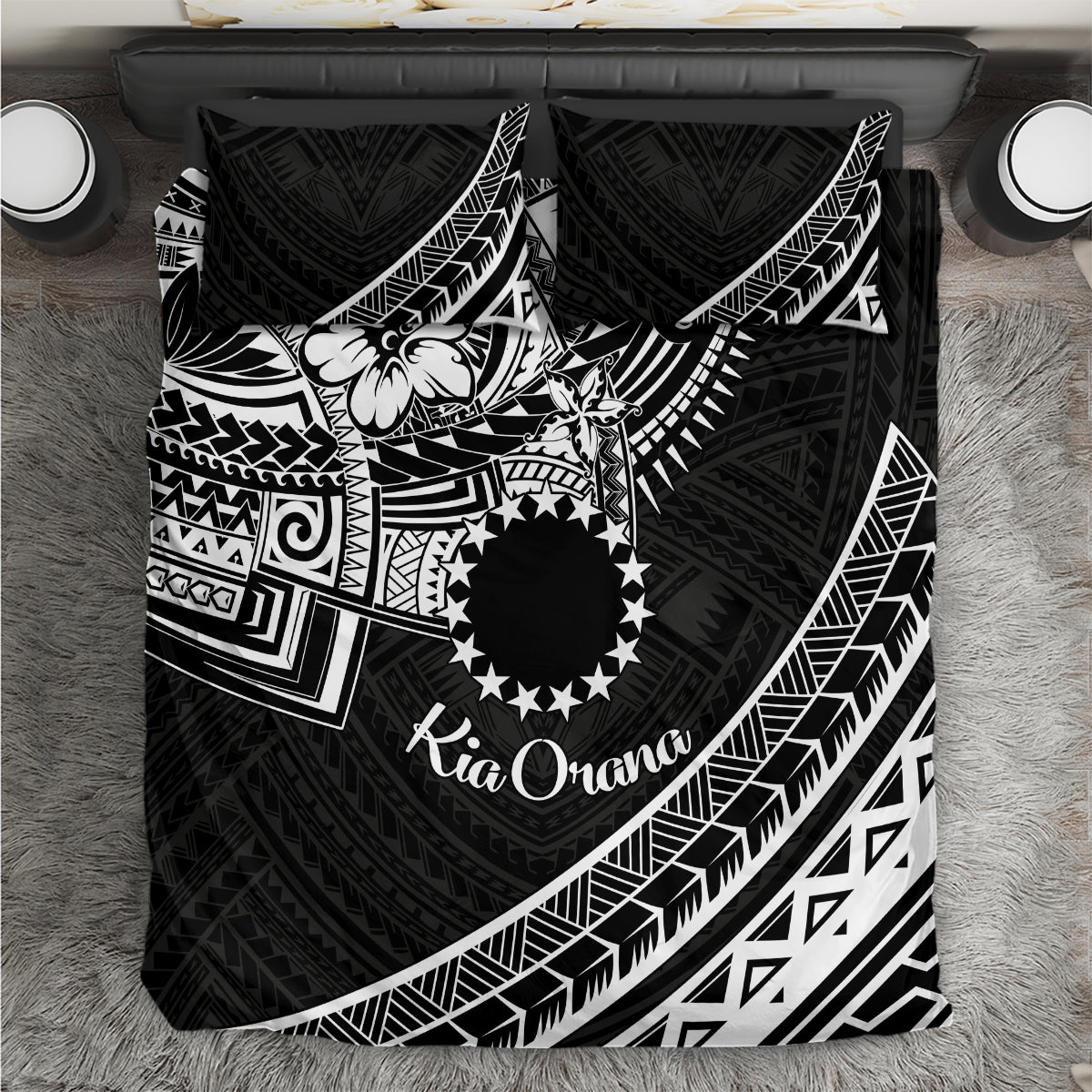 Kia Orana Cook Islands Bedding Set Circle Stars With Floral White Pattern LT01 Black - Polynesian Pride