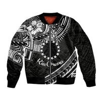Kia Orana Cook Islands Bomber Jacket Circle Stars With Floral White Pattern LT01 Unisex Black - Polynesian Pride