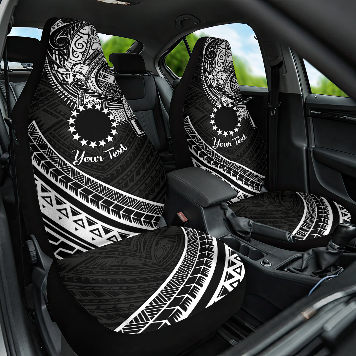 Kia Orana Cook Islands Car Seat Cover Circle Stars With Floral White Pattern LT01 One Size Black - Polynesian Pride