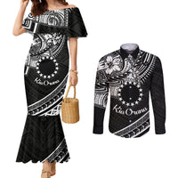 Kia Orana Cook Islands Couples Matching Mermaid Dress and Long Sleeve Button Shirt Circle Stars With Floral White Pattern LT01 Black - Polynesian Pride