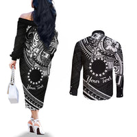 Kia Orana Cook Islands Couples Matching Off The Shoulder Long Sleeve Dress and Long Sleeve Button Shirt Circle Stars With Floral White Pattern LT01 - Polynesian Pride
