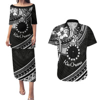 Kia Orana Cook Islands Couples Matching Puletasi Dress and Hawaiian Shirt Circle Stars With Floral White Pattern LT01 Black - Polynesian Pride