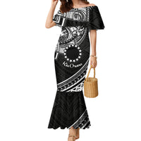 Kia Orana Cook Islands Family Matching Mermaid Dress and Hawaiian Shirt Circle Stars With Floral White Pattern LT01 Mom's Dress Black - Polynesian Pride