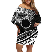 Kia Orana Cook Islands Family Matching Off Shoulder Short Dress and Hawaiian Shirt Circle Stars With Floral White Pattern LT01 Mom's Dress Black - Polynesian Pride