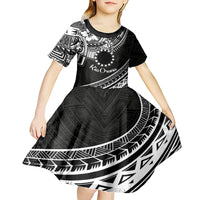 Kia Orana Cook Islands Kid Short Sleeve Dress Circle Stars With Floral White Pattern LT01 - Polynesian Pride