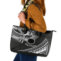 Kia Orana Cook Islands Leather Tote Bag Circle Stars With Floral White Pattern LT01 Black - Polynesian Pride