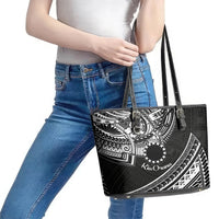 Kia Orana Cook Islands Leather Tote Bag Circle Stars With Floral White Pattern LT01 - Polynesian Pride