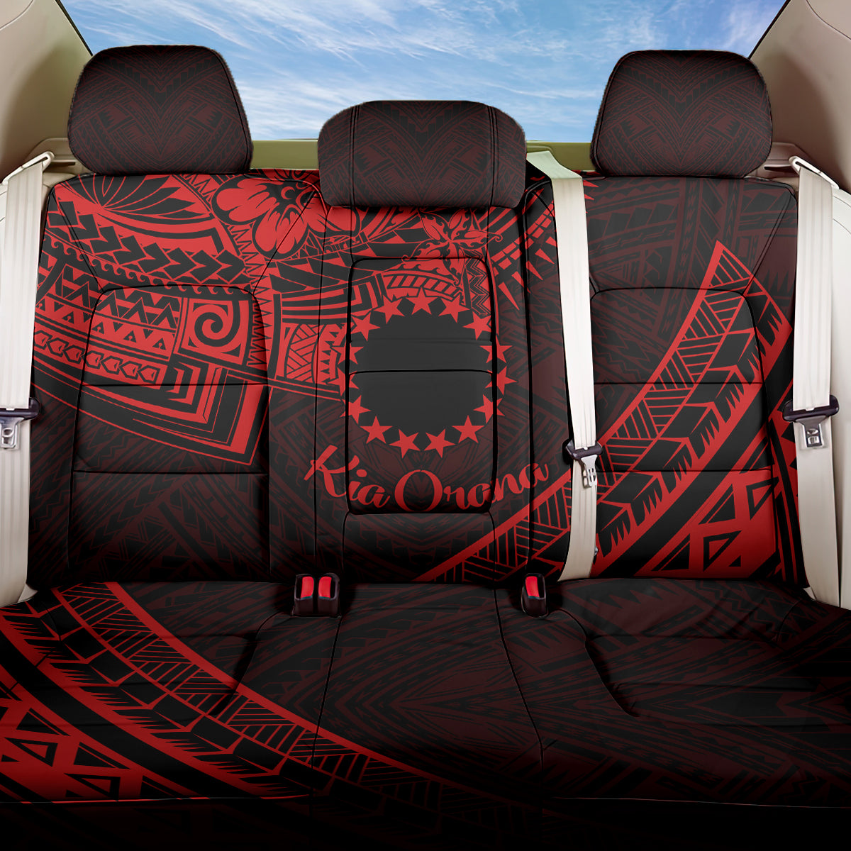 Kia Orana Cook Islands Back Car Seat Cover Circle Stars With Floral Red Pattern LT01 One Size Red - Polynesian Pride
