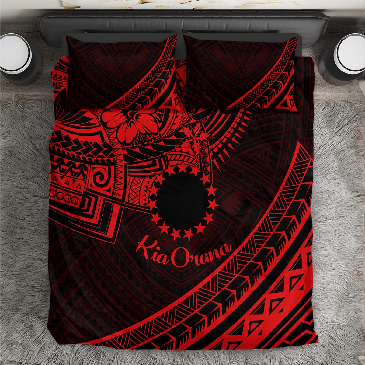 Kia Orana Cook Islands Bedding Set Circle Stars With Floral Red Pattern LT01 Red - Polynesian Pride
