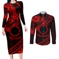Kia Orana Cook Islands Couples Matching Long Sleeve Bodycon Dress and Long Sleeve Button Shirt Circle Stars With Floral Red Pattern LT01 Red - Polynesian Pride