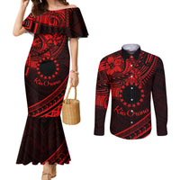 Kia Orana Cook Islands Couples Matching Mermaid Dress and Long Sleeve Button Shirt Circle Stars With Floral Red Pattern LT01 Red - Polynesian Pride