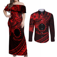 Kia Orana Cook Islands Couples Matching Off Shoulder Maxi Dress and Long Sleeve Button Shirt Circle Stars With Floral Red Pattern LT01 Red - Polynesian Pride