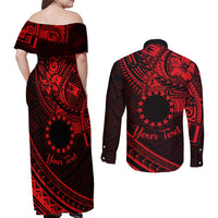 Kia Orana Cook Islands Couples Matching Off Shoulder Maxi Dress and Long Sleeve Button Shirt Circle Stars With Floral Red Pattern LT01 - Polynesian Pride